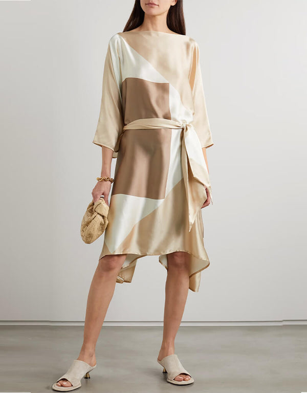 Beige & White Soft Satin Silk Kaftan